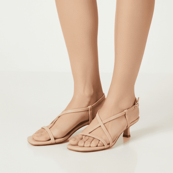 Women’s Strappy Toe Thong Heels, Reggie Heels, Tan Dress Sandals with 2-Inch Heel, Size 6