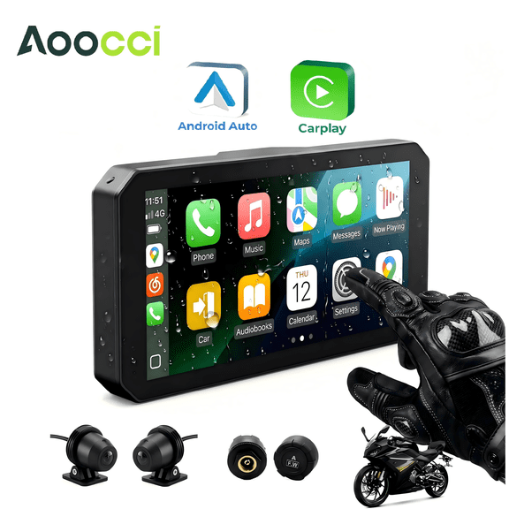 Aoocci C9 Pro Max 6'' Touchscreen Motorcycle Dash Cam, Split Screen,Dual 1080P Camera, Wireless CarPlay & Android Auto, TPMS, IP67 Waterproof