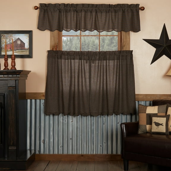 VHC Brands Kettle Grove 3 PC Country Black Plaid Curtain Set (1 Valance 16x72 and 2 Tier 36x36)