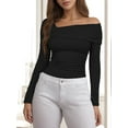 thumbnail image 4 of Arvbitana Women's Long Sleeve T-shirt One Off Shoulder Asymmetrical Neck Pullovers Tight Fitted Solid Color Ruched Shirt Crop Tops for Spring Fall Streetwear, 4 of 5