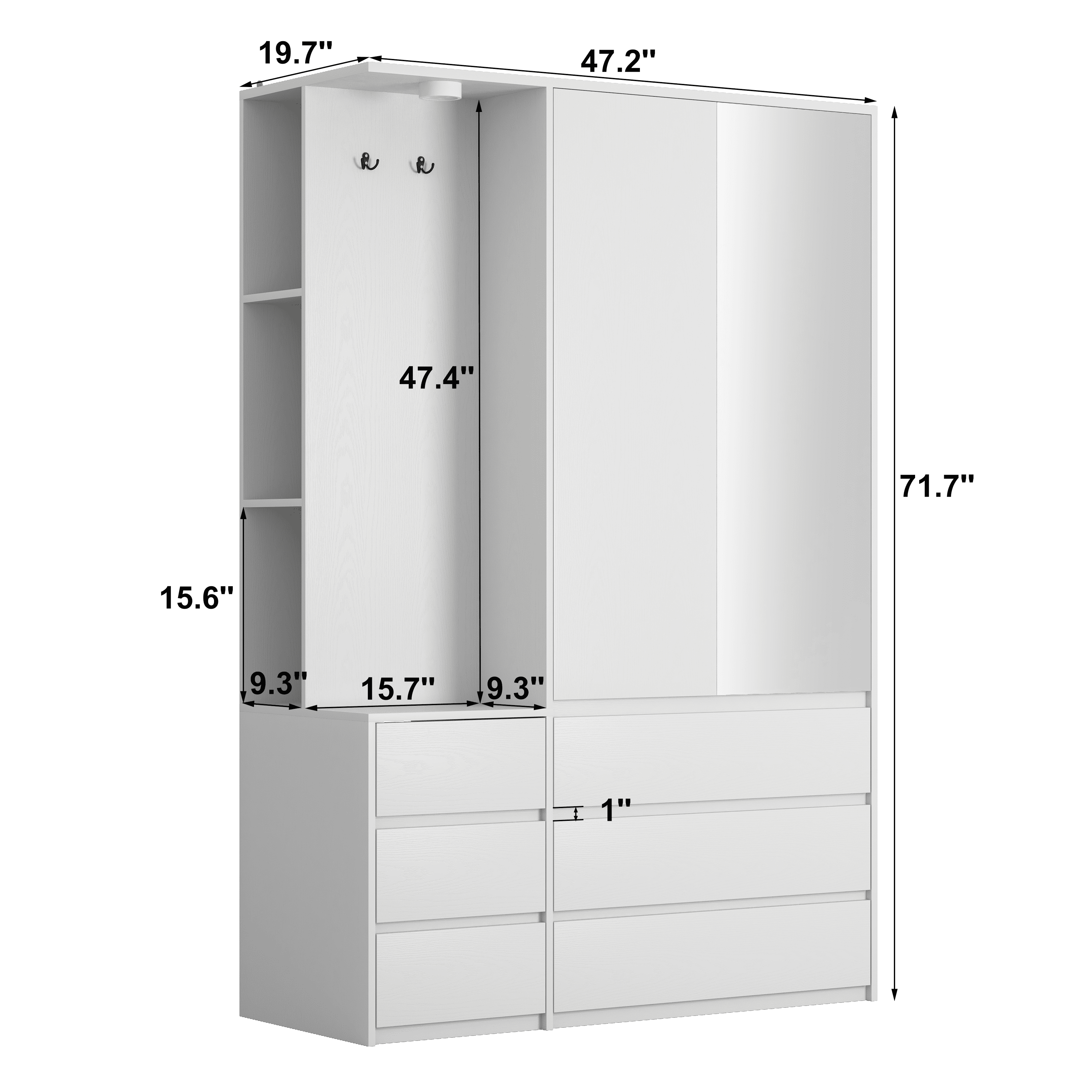 Mintazer Freestanding Wardrobe Armoire with Mirror Door, Open Coat Nook & 6 Drawers, 71" Tall Clothing Storage Cabinet with Hanging Rod & Light for Bedroom, White