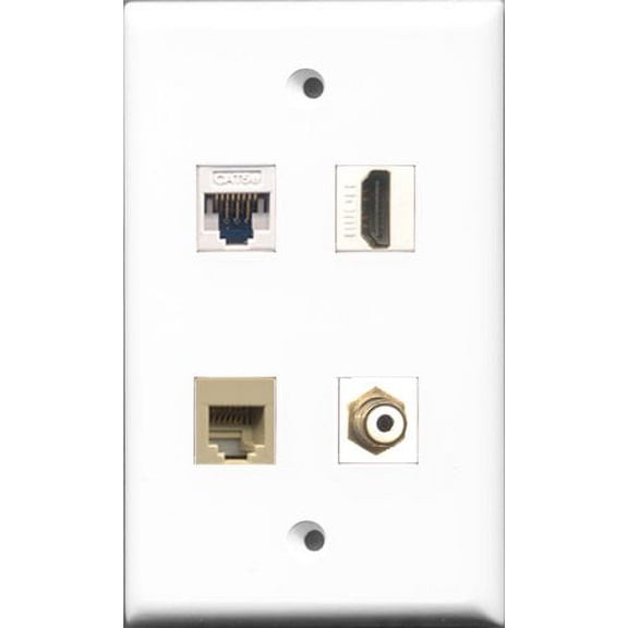 RiteAV - 1 Port HDMI and 1 Port RCA White and 1 Port Phone RJ11 RJ12 Beige and 1 Port Cat5e Ethernet White Wall Plate