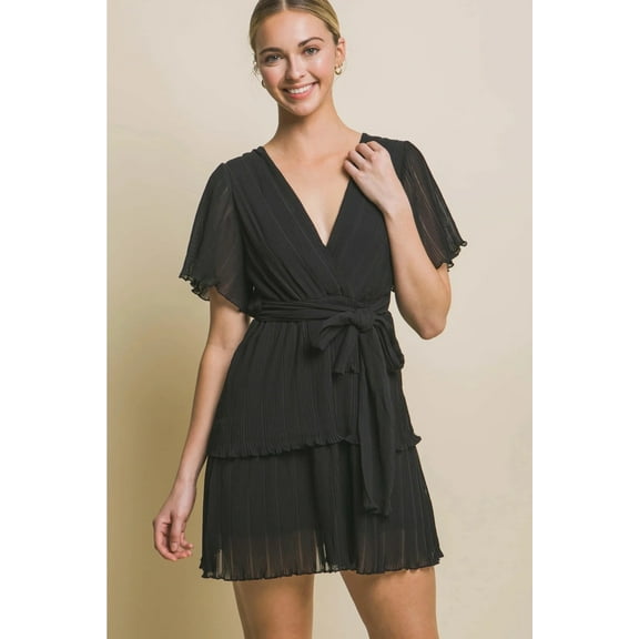 Short Sleeve Ruffle Dress (Black, L)