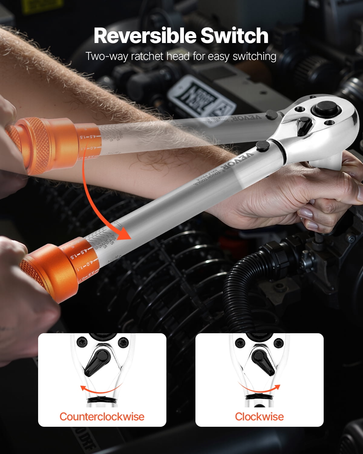 VEVOR Click Torque Wrench Set, 3/8 Inch Drive, 5-60 N.m / 3.7-44.3 lbf.ft, Dual-direction, 72-Tooth, ±3% High Precision, with Sockets, Bits, Extension Bar, Spark Plug Sockets, Adapter, Orange