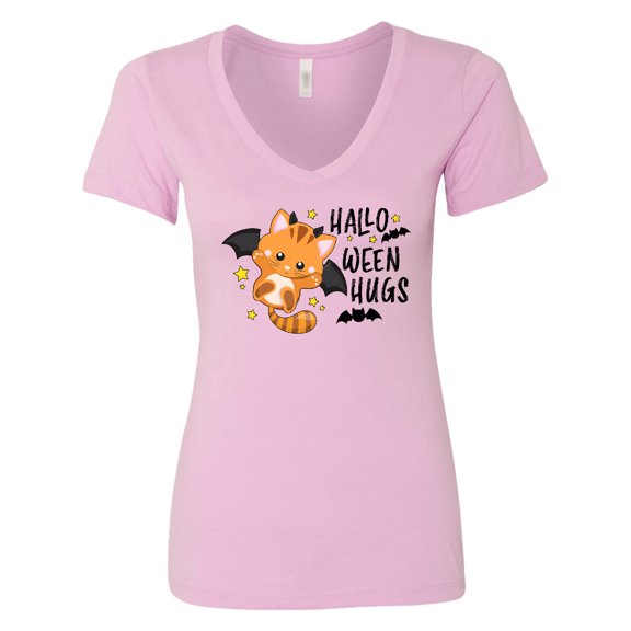 Inktastic Halloween Hugs with Cute Vampire Cat Bat Women's V-Neck T-Shirt