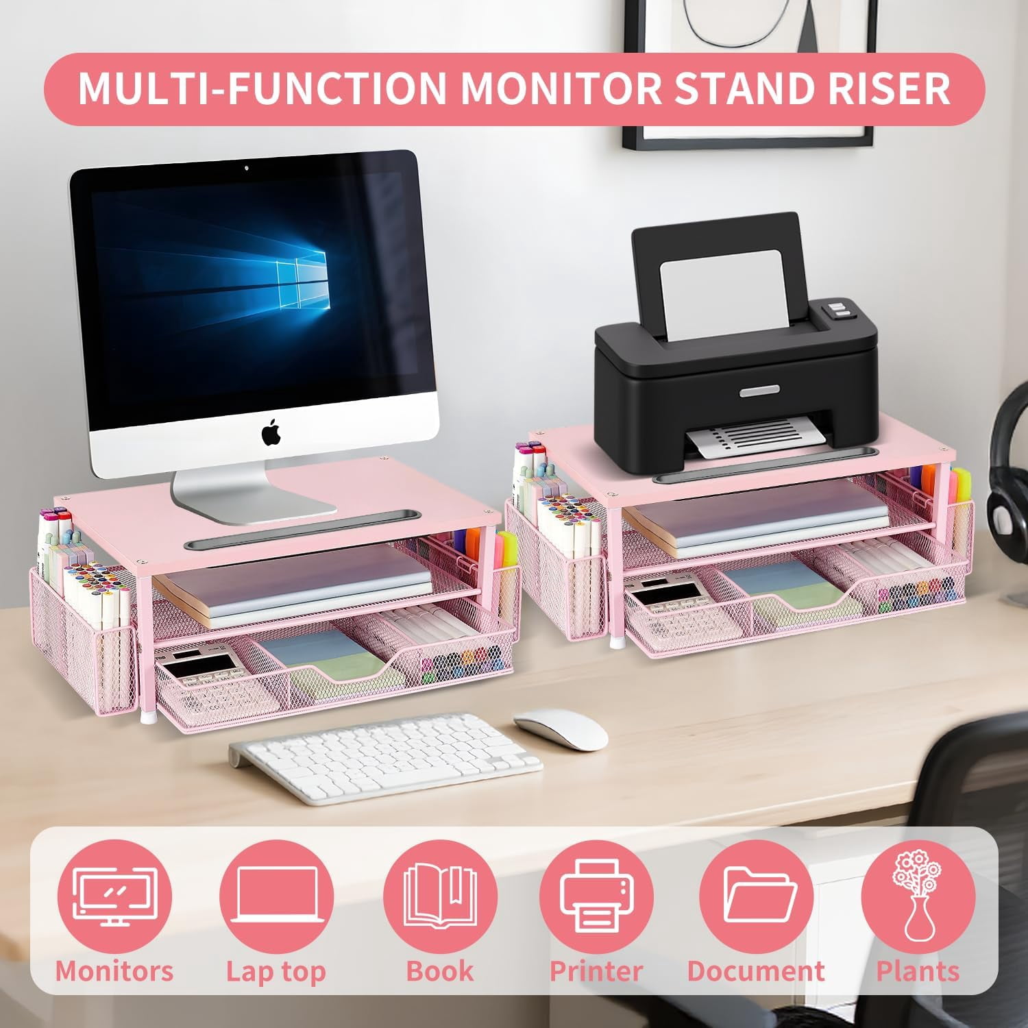 Wood Desk Organizers and Accessories, 2-Tier Computer Monitor Stand with Drawer, Pen Storage & Tablet Phone Holder, Office Desk Accessories, Workspace Desktop Organization for Office Supplies（Brown）