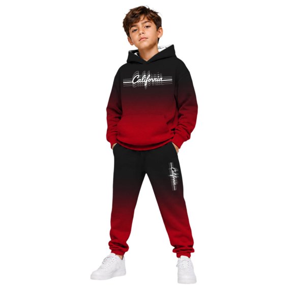 RUTAYY Boys 2 Piece Set City Graphic Long Sleeve Pullover Hoodie Jogger Pants Casual Everyday Wear Outfits, Red