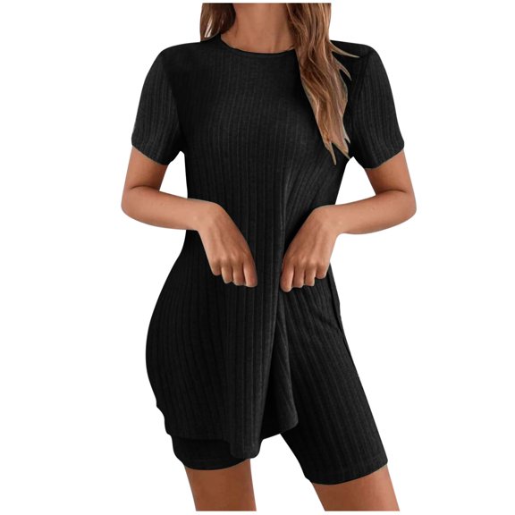 Tnhcen Women's Cotton Sleepwear Set - Solid Color Round Neck Short Sleeve Top with Elastic Waist Shorts Cozy Loungewear (S-XL)