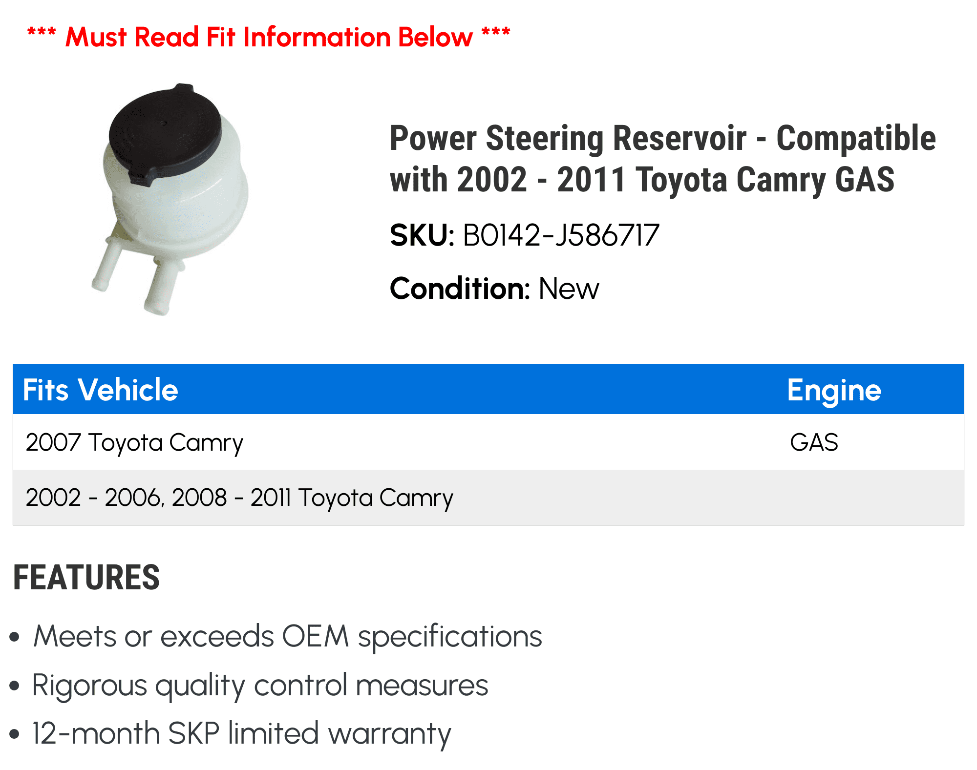 Power Steering Reservoir - Compatible with 2002 - 2011 Toyota Camry GAS 2003 2004 2005 2006 2007 2008 2009 2010