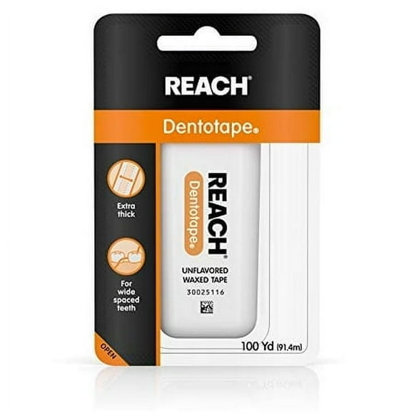 Reach Dentotape Waxed Dental Floss with Extra Wide Cleaning Surface for Large Spaces between Teeth Unflavored 100 Yards