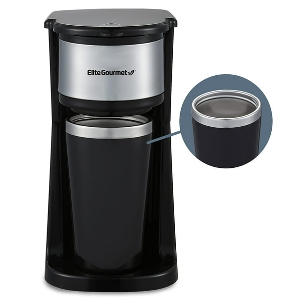 Elite Gourmet EHC-112B Cafetera compacta personal de una sola porción incluye 14 oz. Taza Térmica de Viaje con Interior de Acero Inoxidable, Compatible con Café Molido, Filtro Reutilizable, Color Negr