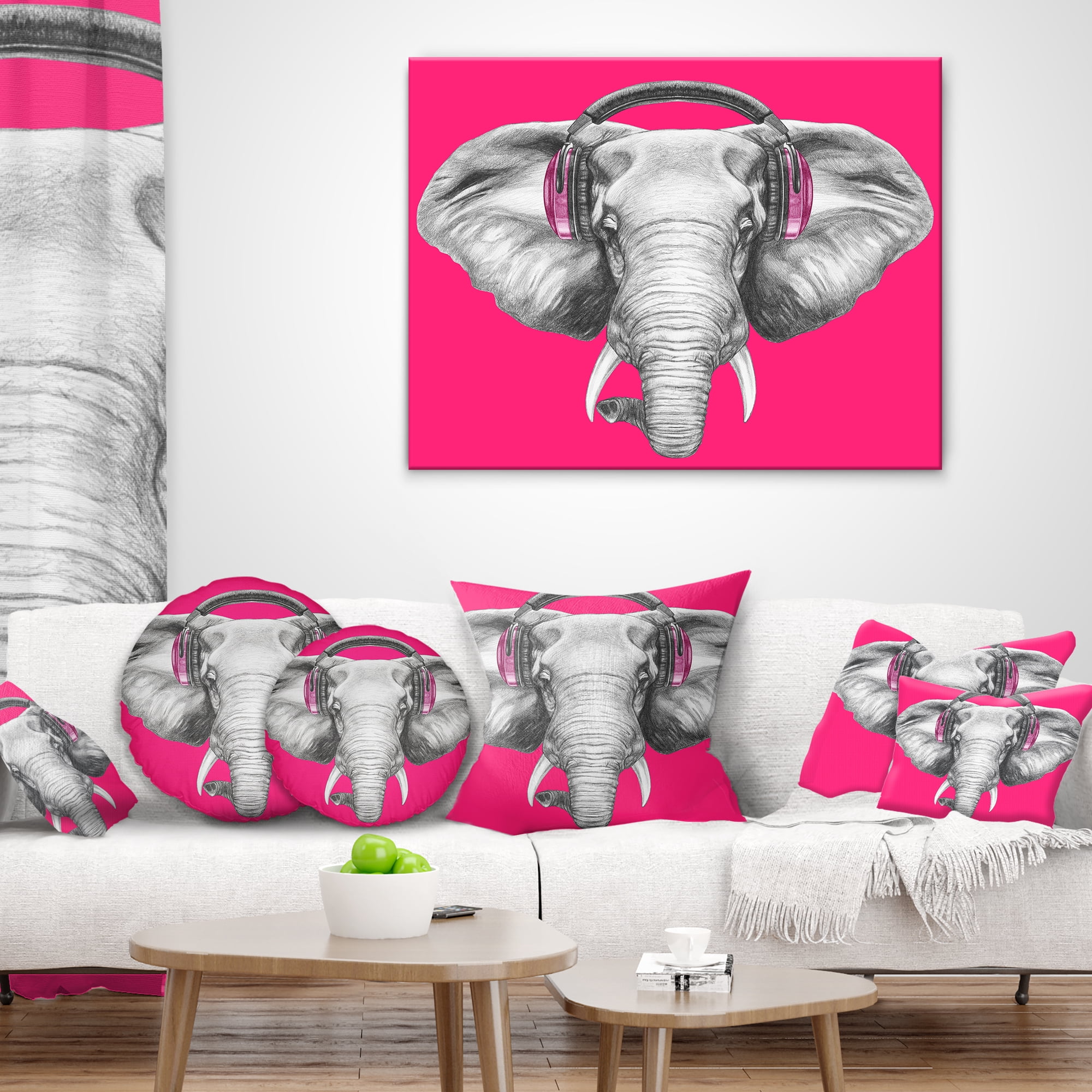 Designart Elephant with Headphones - Contemporary Animal Throw Pillow - 12x20