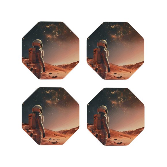 Vsdgher Astronaute sur Mars sous-Verres en Cuir Imprimé pour Boissons, Ensemble de 4 sous-Verres Durables pour Protection de Table, Décoration Intérieure Luxueuse et Cadeau de Pendaison de Crémaillère-Octogone