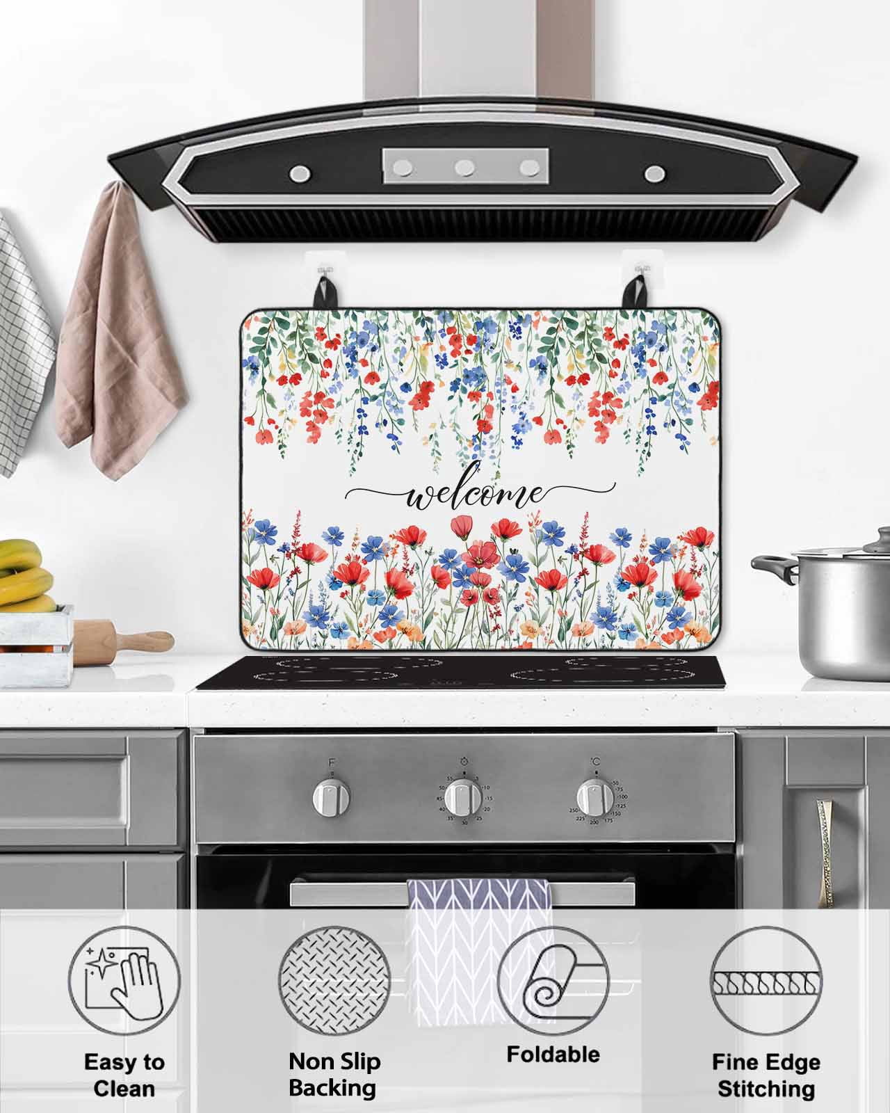 nqOlkjepod Large Induction Cooktop Protector Mat 24"x21", Pastoral Botanical Stove Top Covers for Electric Stove, Blue Red Floral Spring Welcome Stove Burner Cover Mats, Glass Top Stove Cover