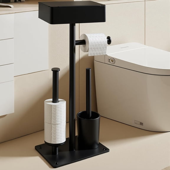 Freestanding Toilet Paper Holder Stand with Shelf for 7 Rolls, Free Standing Black Toilet Paper Roll Holder with Wipes Storage Drawer, Rustproof Metal Floor Bathroom Tissue Holder for Bathroom