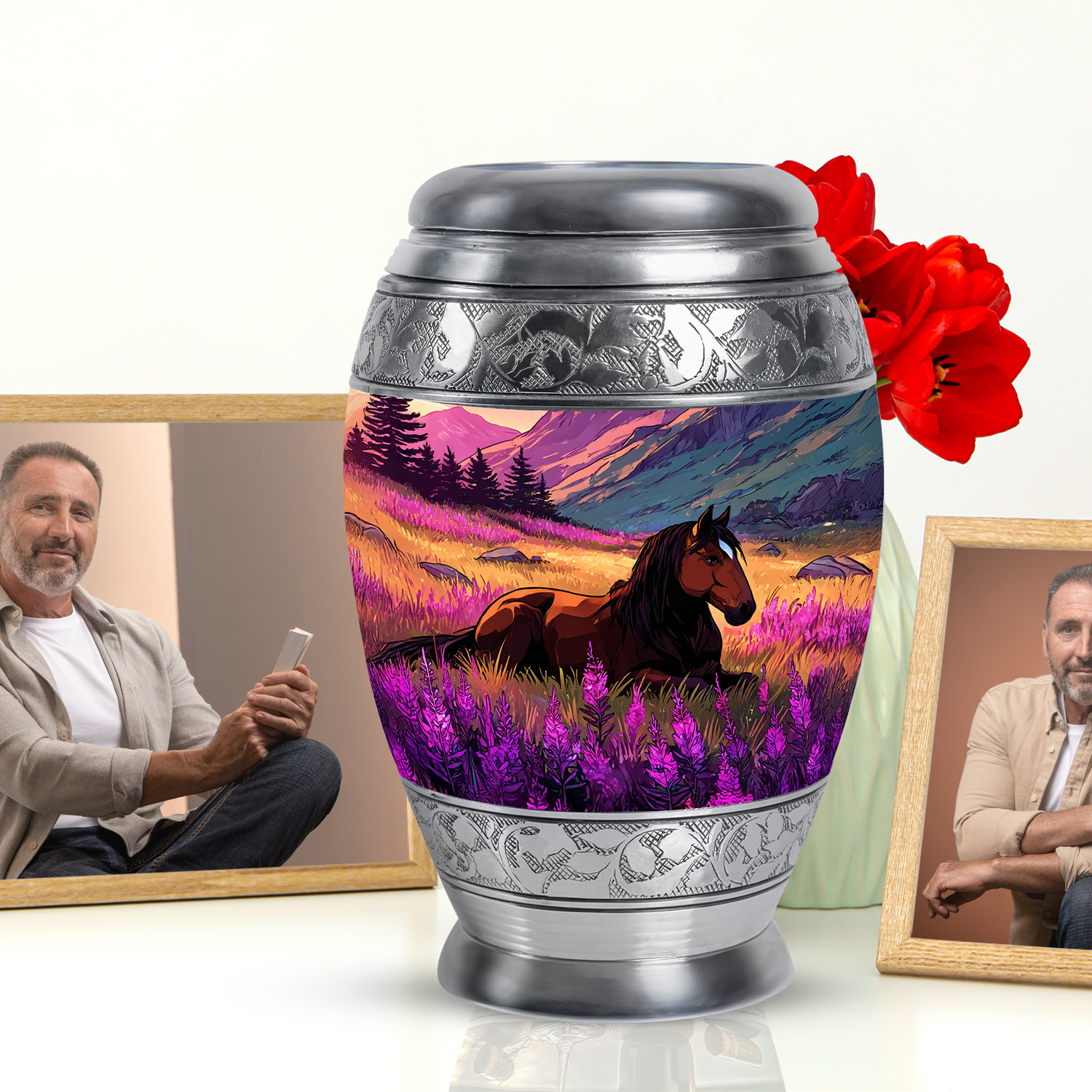 JAGASY Horse Memorial Large Urn for Ashes Adult Male, Dark Blue Urns for Human Ashes for Women, Purple Flowers Decorative Urns for Mother, Mountain Cremation Urn for Father, (10 Inch)