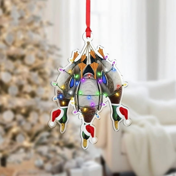 ViciArt Duck Christmas Ornament, Mallard Holiday Decoration, Santa Hats & Lights