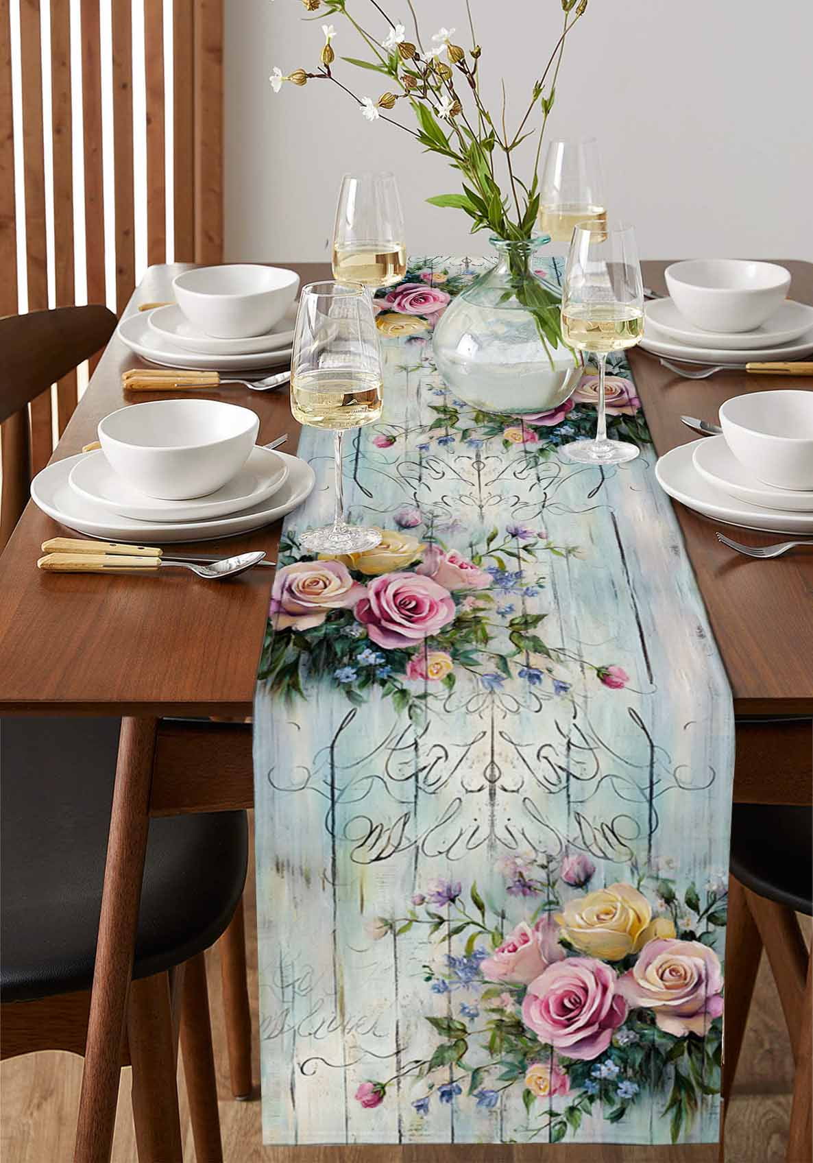 Hokiten Table Runners 120 Inches Long Dress Scarves, Spring Rose Farmhouse Coffee/Dining/Kitchen Table Runner for Living Room, Floral Leaves Botanical Rustic Wood Board 13x120 Inch
