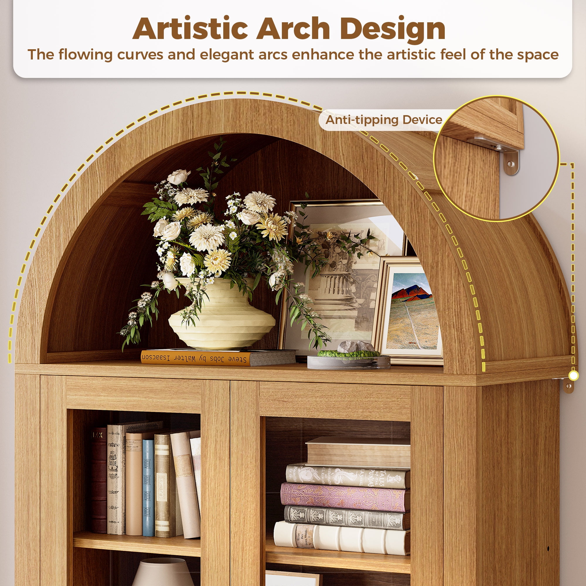 IRONCK 74.8" Tall Arched Pantry Cabinet, Kitchen Storage Cabinet with Rattan Doors & Glass Doors & RGB Lights & 6 Shelves