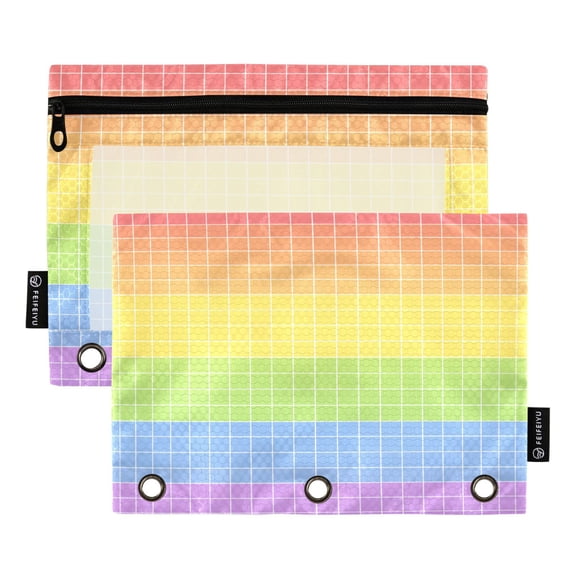 2 Pack 3 Ring Binder Pouch with Clear PVC Window Water Resistant Zipper Pencil Pouch Rainbow Grid Seamless Pattern Binder Pocket for Classroom Office Home Stationery Organization