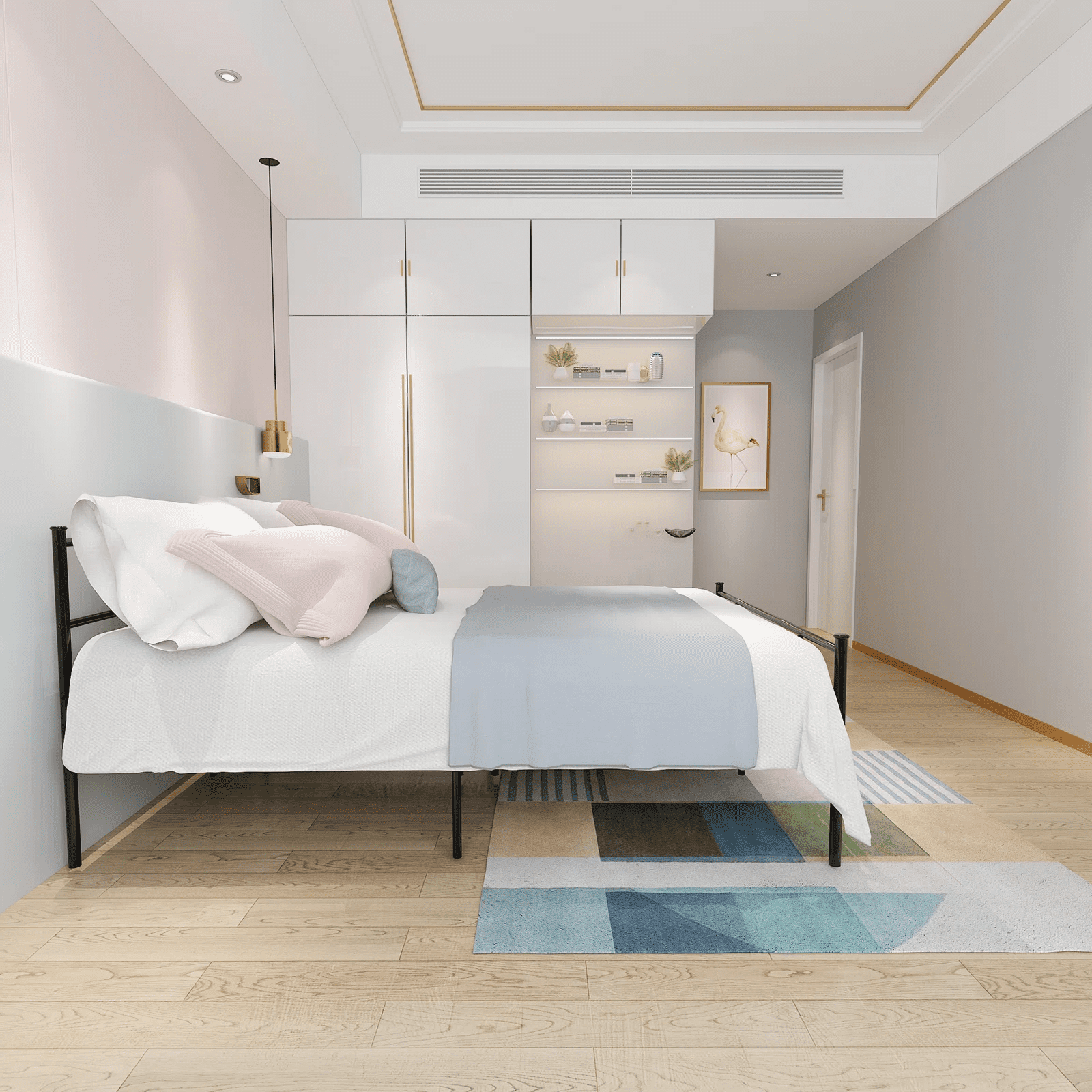 Yoneston Queen Size Metal Bed Bedroom Mattress Platform Foundation with Headboard