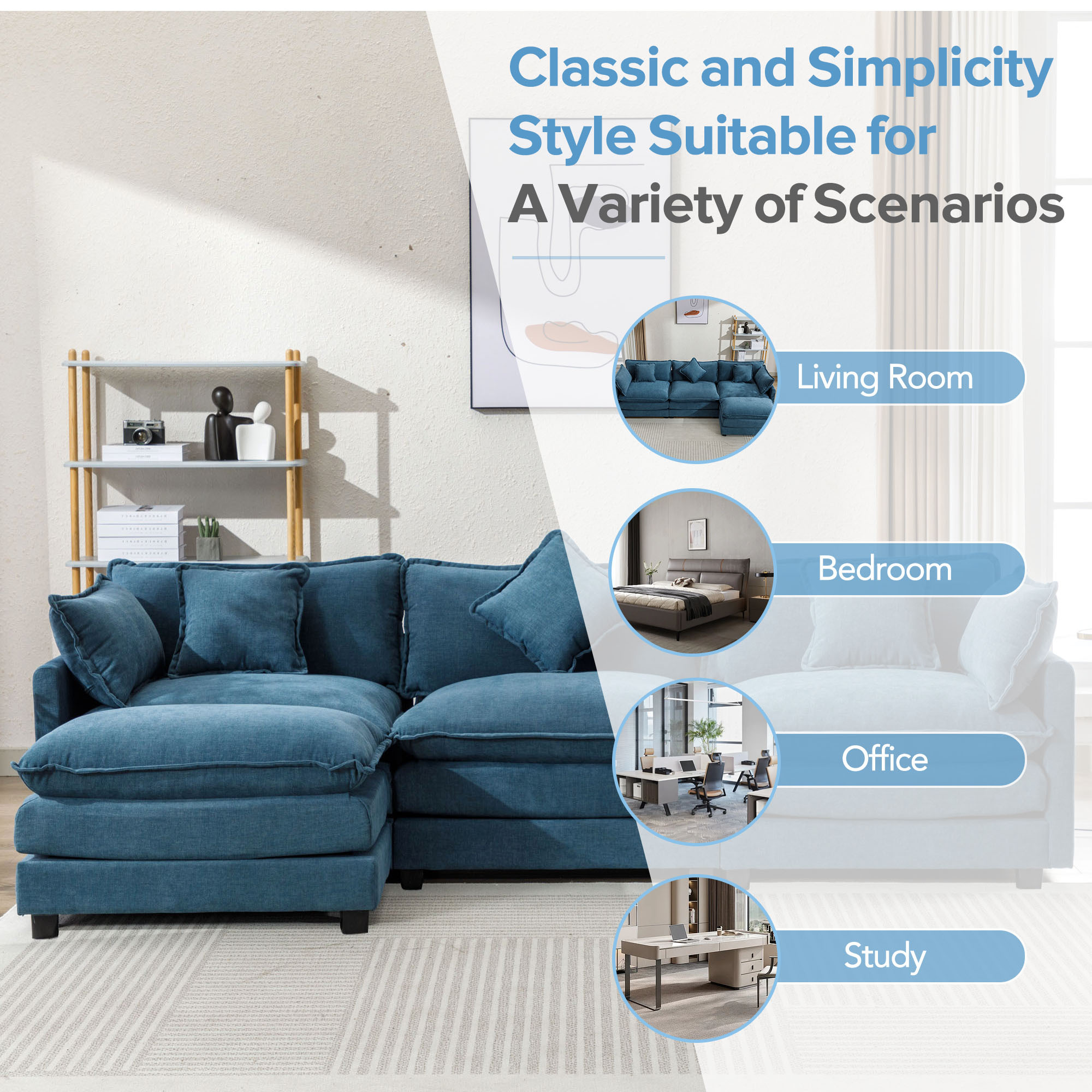 EUROCO 112.2" Modern L-Shape Sectional Sofa Couch, Chenille Upholstered Sofa with Ottoman and 5 Pillows, Indoor furniture for Living Room, Blue