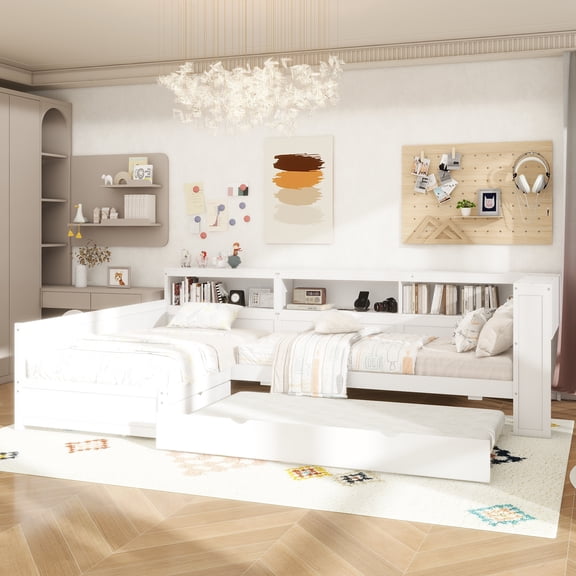 Wood Twin Size L-shaped Platform Bed with Trundle and a Drawer, White