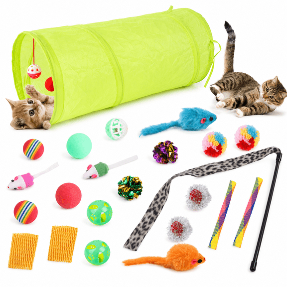 OEIKPFN 24Pcs Cat Toys Kitten Toys, Interactive Kitty Toys with Collapsible Cat Tunnels Tent, Cat Wand Catnip Feather Teaser
