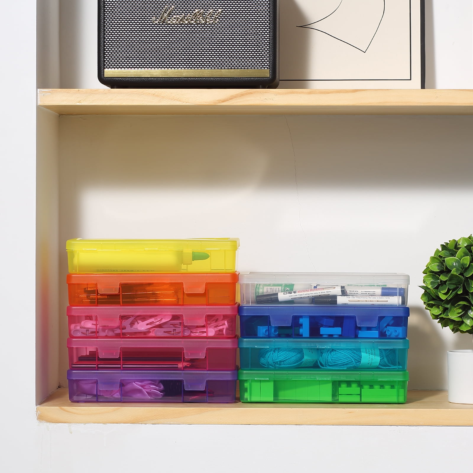 Novelinks 9 Pack Medium Stackable Plastic Storage Box Containers Clear Hobby Art Craft Organizer Rectangle Box for Pencil Box Lego Crayon Beads Jewelry ,Colorful
