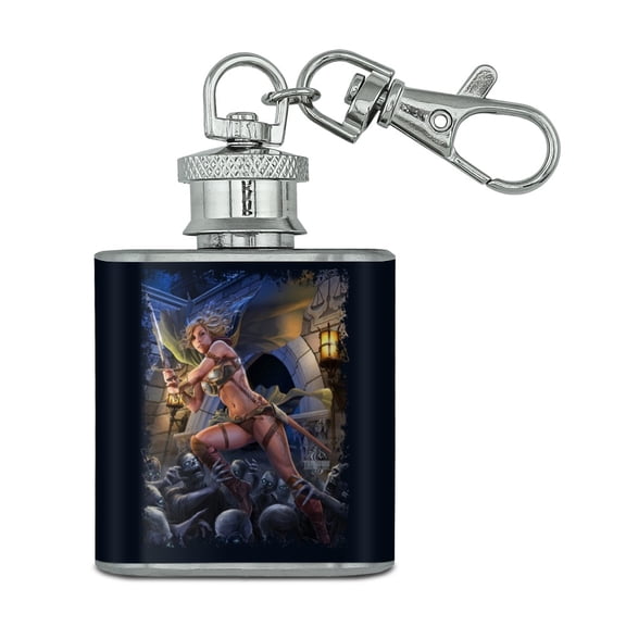 Warrior Maiden Zombie Undead Slayer Fantasy Stainless Steel 1oz Mini Flask Key Chain