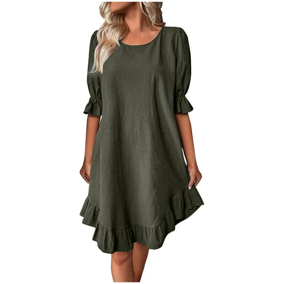 Admvng Dresses for Women and Linen Mid Sleeve Round Neck Solid Color Loose Dress S-3XL