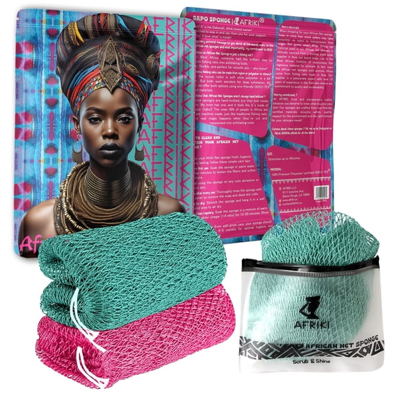 African Net Sponge, Premium Authentic Exfoliating Body Scrubber, Extra Long Stretch Bath Sponge for Shower, Deep Exfoliating Washcloth for Smooth Skin, 2 Pack (Camelia & Turpuoise)