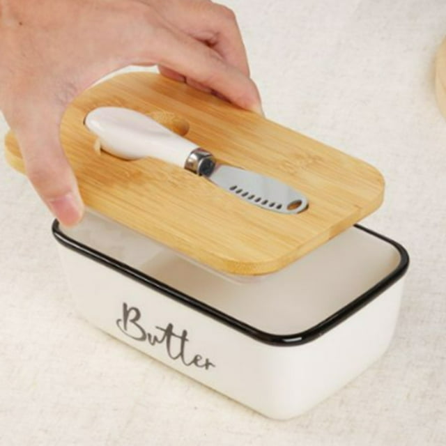 Maplenight 17oz Ceramic Butter Dish with Built-In Knife – Large Capacity Glossy Butter Keeper for Kitchen Countertop & Fridge White