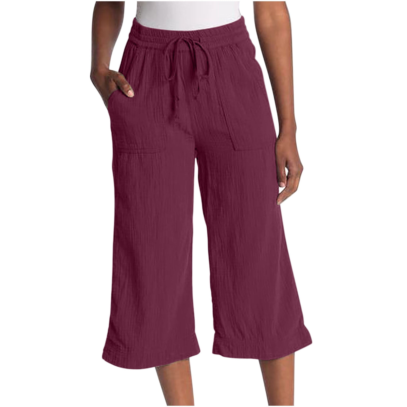 Cotton Linen Capri Pants for Women Wide Leg Casual Loose Lounge Outdoor