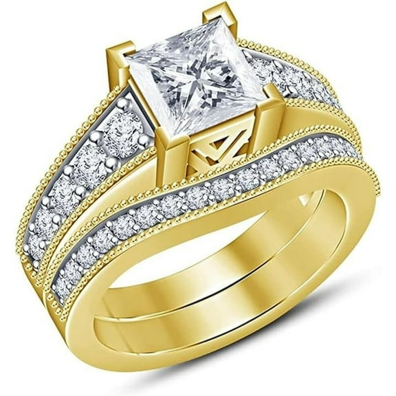 925 Sterling Silver Princess Cut White Diamond 14K Yellow Gold Over Milgrain Engagement Wedding Bridal Ring Set Valentine's Gift For Women