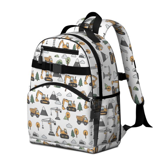 Excavator and Mountain White Pattern Cute School Backpack Bag for School with Padded Back and Adjustable Shoulder Straps 15.25"x11.5"x5.25"