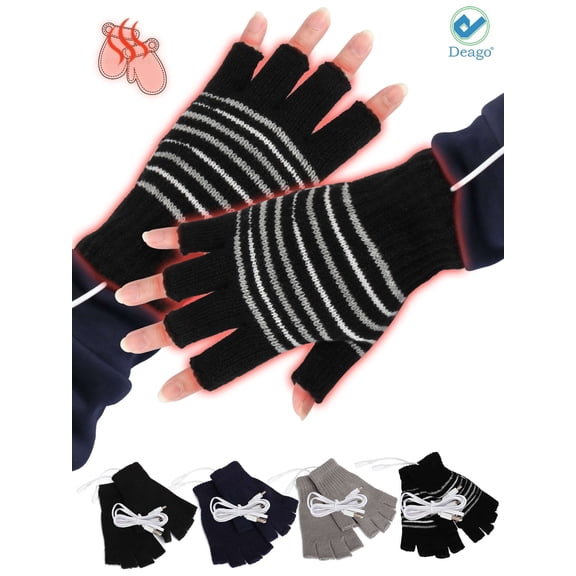 Deago USB Heated Gloves for Women & Men, Mitten Winter Warm Laptop Gloves, Half Hands Heated Fingerless Heating Knitting Hands Warmer Washable Design (Black White)
