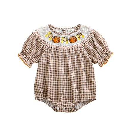 

Licupiee Baby Girl Halloween Romper Pumpkin Embroidered Plaid Ruffled Jumpsuits