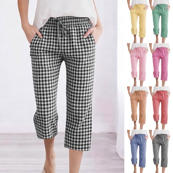 YTCAMLO Flowy Womens Plaid Capri Pants Casual Plus Size Wide Leg Cropped Trousers with Pockets Elastic Waist Beach Palazzo Pants, Black S