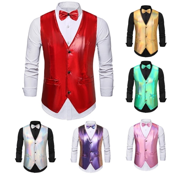 Xcmzpl Men's Sequin Shiny Vest V Neck Sleeveless with Bow Tie Stage Performance Dinner Party
