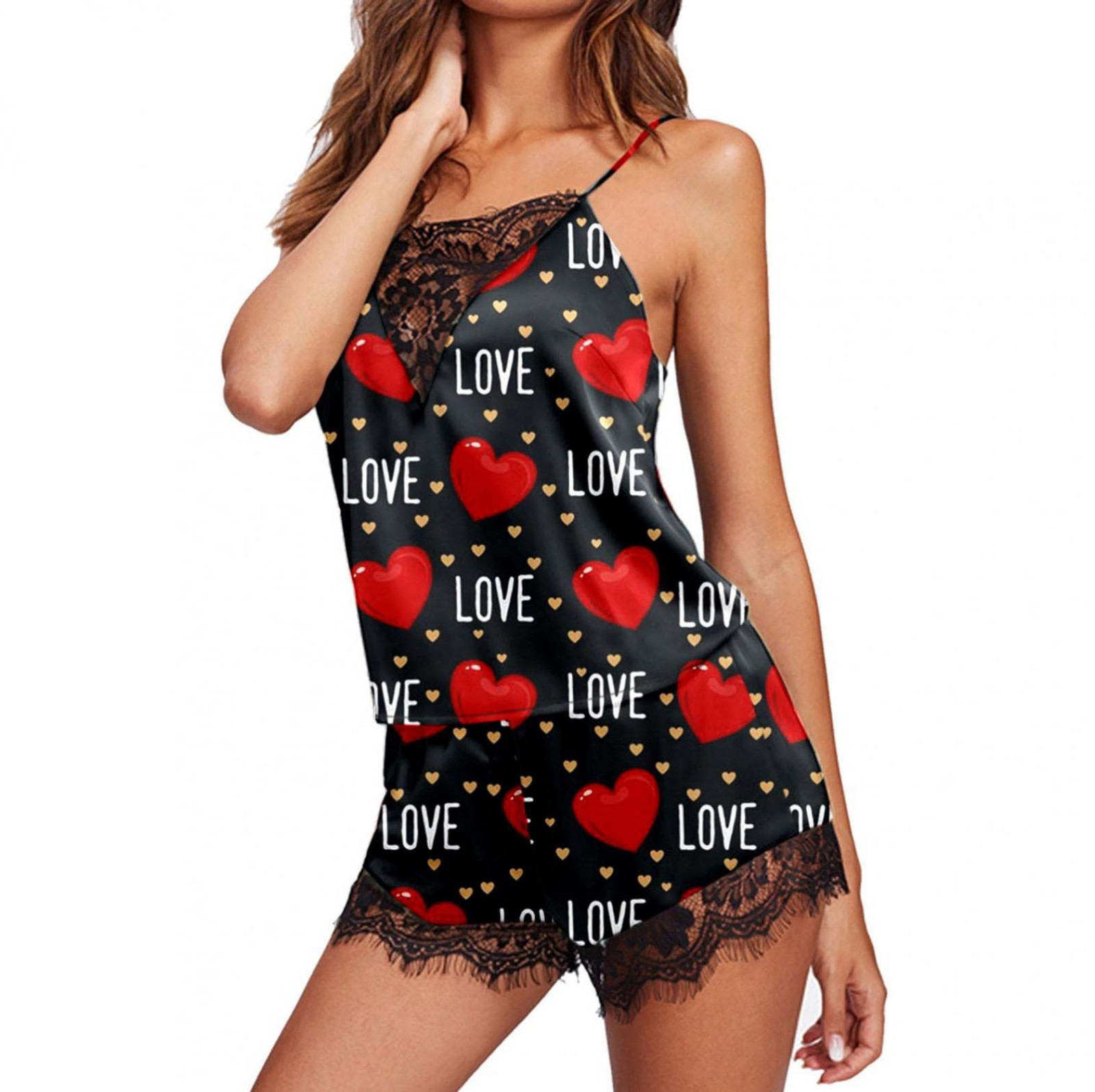 Women's Sexy Sleepwear Lace Pajamas Set, Valentine's Day Printing