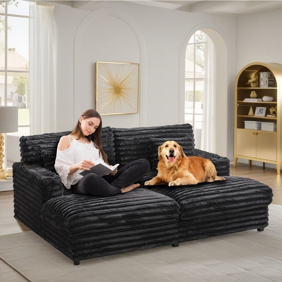 82"W Oversized Faux Fur Upholstered Double Chaise Lounge Sofa with 2 Pillows, 2 Cupholders, and Dual USB Ports