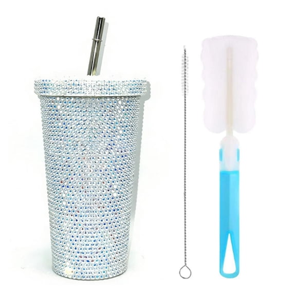 Studded Bling Diamond Tumbler, 17oz Bling Cup with Lid and Straw, Stainless Steel Glitter Water Bottle with Straw Brushes, Reusable Large Handmade Sparkly Tumbler for Women