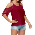 thumbnail image 3 of Blusas de color puro para mujer, camisetas de verano con cuello en V y hombros descubiertos con manga de encaje para uso diario, compras, rojo, XL, 3 of 8