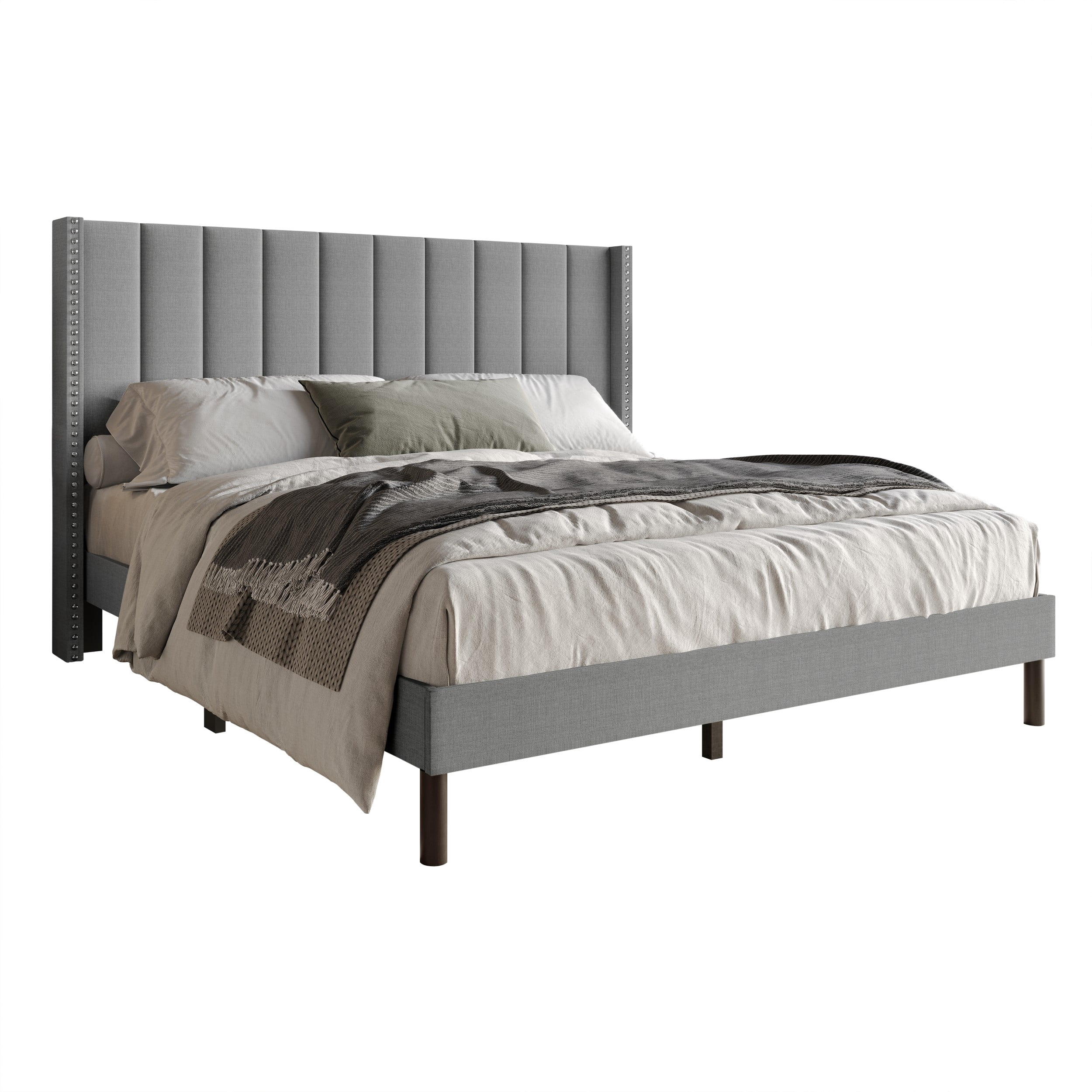 Home Design Odessa Queen Linen Upholstered Wingback Panel Bed Frame with Vertical Channel Tufting & Nailhead Trim, Gray, Easy Assembly