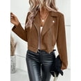 thumbnail image 4 of Women'S Cropped Zipper Long Sleeve Suede Faux Leather Blazer Jacket Autumn Fashion Outerwear Coffee L, 4 of 7