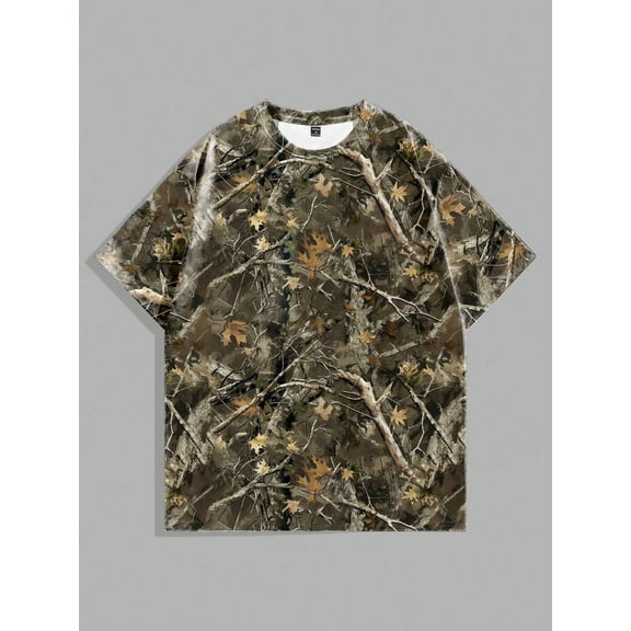 Loose Fit Dead Branch Camouflage Print T-Shirt In Multicolor, Casual Everyday Wear For Men