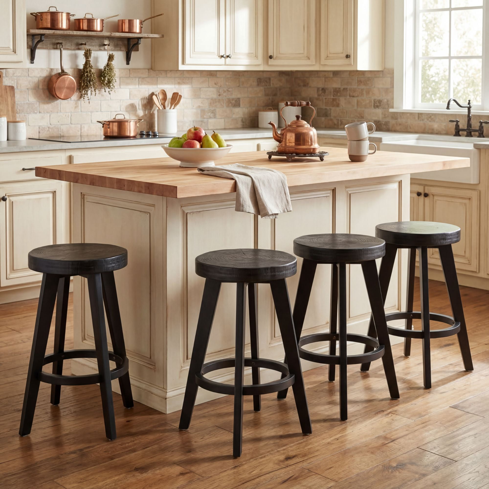 Dayalane 24" Backless Bar Stools Set of 4, Rustic Farmhouse Counter Height Stool with Live Edge Tree Ring Seat, Wooden Barstools for Kitchen Island Bistro Bar and Home Dining，Black