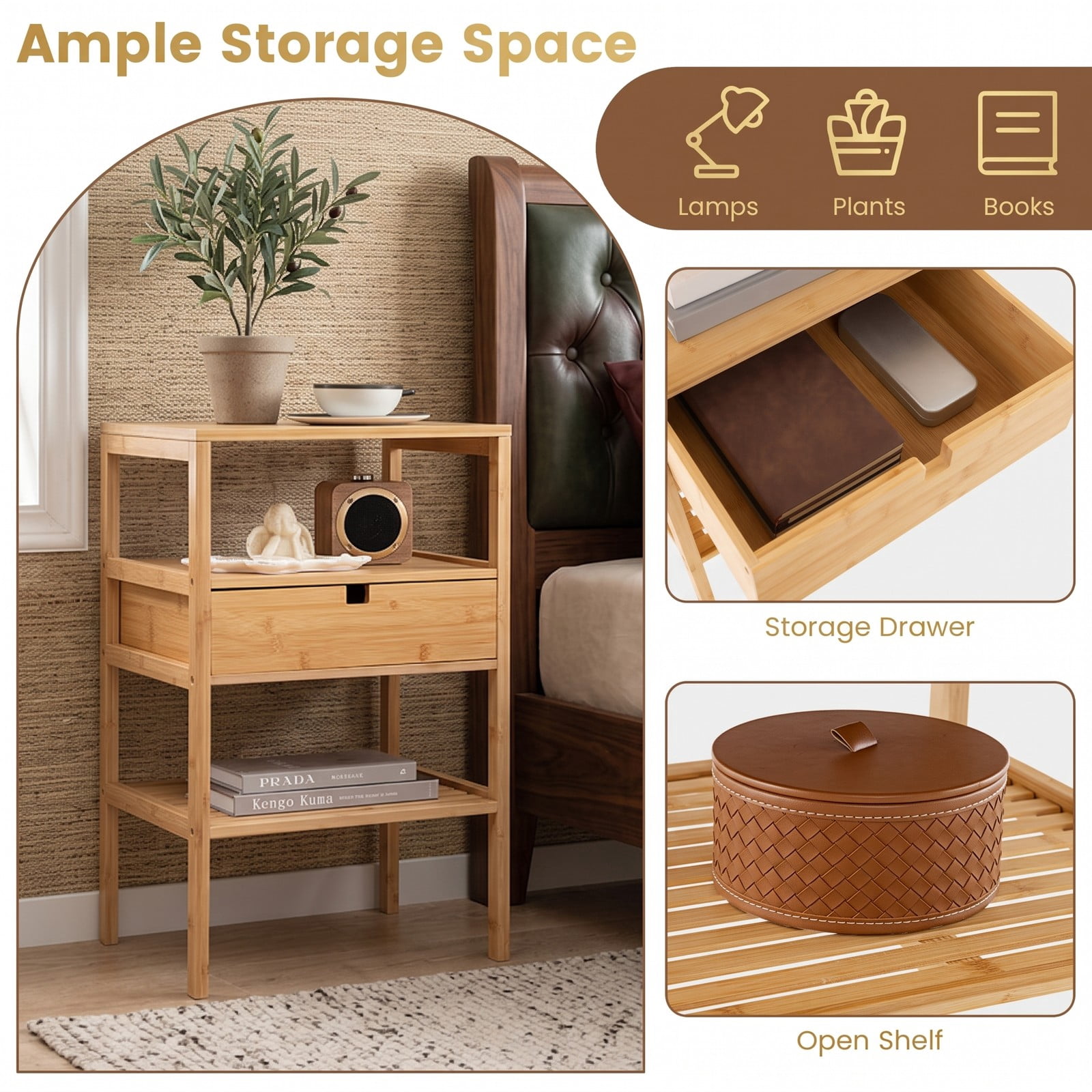 Furnibear Bamboo Nightstand with Storage Drawer and Slatted Open Shelf for Bedroom Living Room and Study Room, Wood Bedside Table, Natural