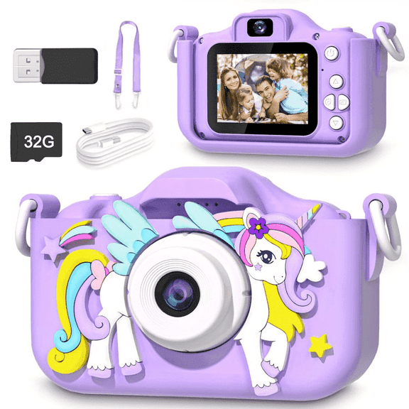 INOCTI Kids Camera with 32GB SD Card 1080P Cartoon Mini Digital CameraToy Camera for Girls and Boys 3 4 5 6 7 8 9 Years Best Birthday Christmas Gifts (Purple)